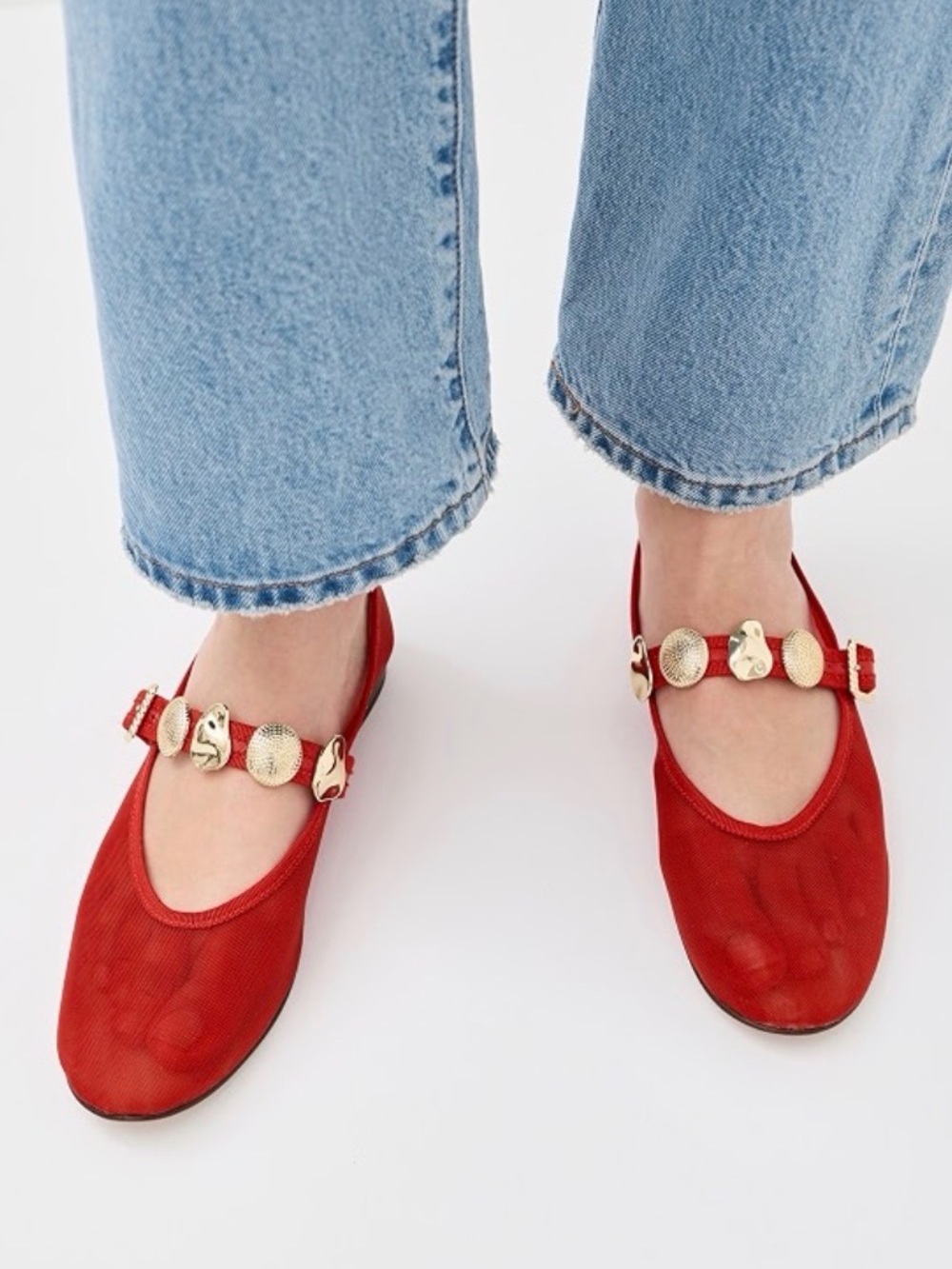 Dolce Vita Relan Mesh Flats - Women’s Red Mary Jane Flats with Gold Accent Strap